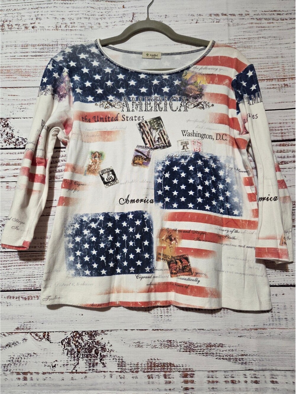 Cactus Large American Flag Pattern Long Sleeve Shirt Blue White Red Route 66